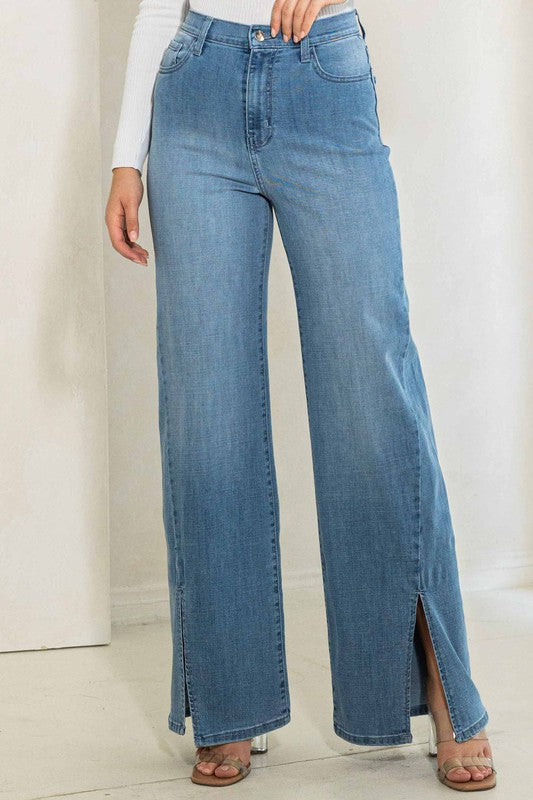 High rise front slits wide jeans