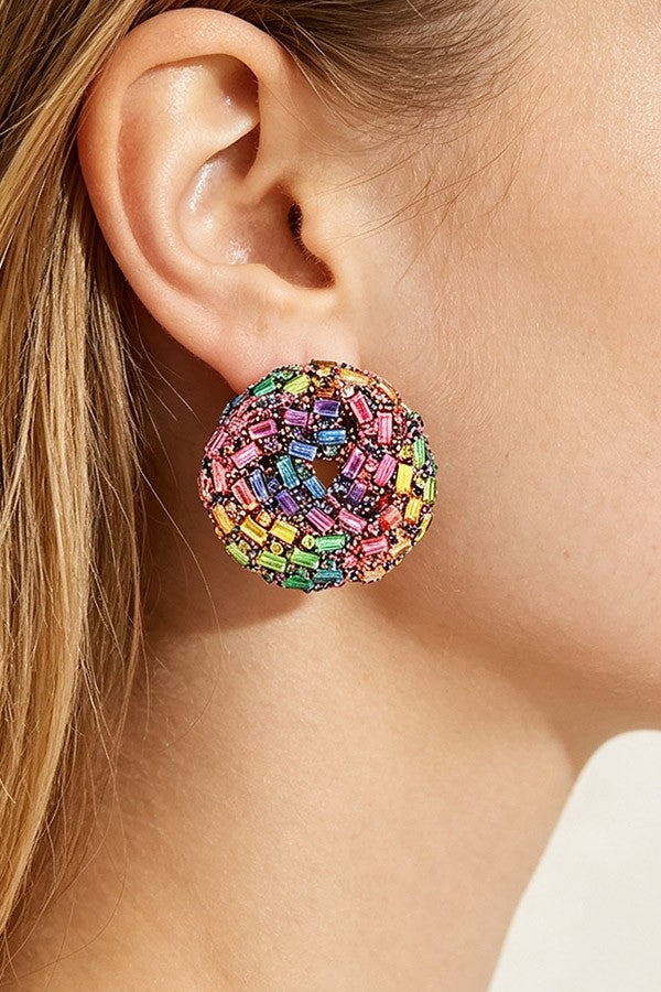 Rhinestone Donut Stud Earrings - 004